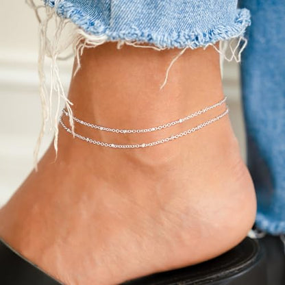 Robaice Ankle Bracelets for Women, 14K Gold Plated/Silver Layered Anklets | Waterproof Adjustable Anklet for Women, Summer Beach Anklet, Glitter Jewelry for Women Gifts - color: Silver-1