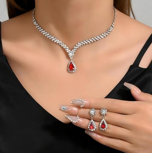 Wedding Jewelry Sets for Brides Rhinestone Necklace and Earring Set Bracelet Ring Gold Silver Prom Jewelry Sets Diamond Flower Teardrop Necklace for Women - color: Style4-Red