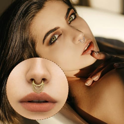 AROWRO Chain Septum Rings 316L Surgical Steel Septum Clicker Daith Piercing Jewelry Dangle Nose Rings for Women 16G 8/10mm Conch Cartilage Hoop Seamless Hinged Septum Jewelry with Clear CZ/Opal - color: Style-4-Rose gold double chains, size: 16G-8mm