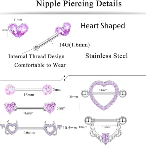 TIANCI FBYJS 6 Pairs Nipple Rings Stainless Steel Heart Butterfly Moon Flower CZ Stud Barbell Tongue Rings Set Cute Nipplerings Piercing Jewelry for Women Pink Tone - color: purple