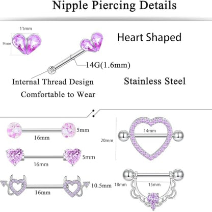 TIANCI FBYJS 6 Pairs Nipple Rings Stainless Steel Heart Butterfly Moon Flower CZ Stud Barbell Tongue Rings Set Cute Nipplerings Piercing Jewelry for Women Pink Tone - color: purple