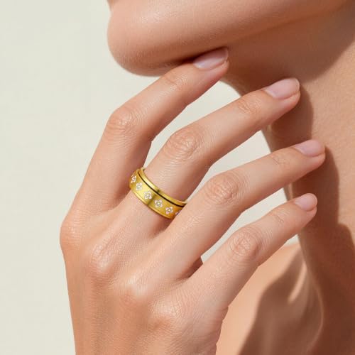 Fidget Anxiety Spinner Rings for Women | 14K Gold Silver Plated, 8mm Thick Stainless Steel Band Ring, Statement Cross Flower Spinning Rings, Jewelry Gifts, Size 6-10 - color: Gold-Rotation
