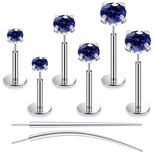 F136 Titanium 20/18/16G Earrings Nose Lip Rings Medusa Tragus Cartilage Helix Labret Flat Back Threadless Implant Grade Stud Piercing Jewelry for Women - color: Blue CZ, size: 16g*6/8/10mm*2/3/4mm