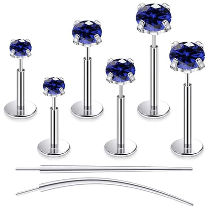 F136 Titanium 20/18/16G Earrings Nose Lip Rings Medusa Tragus Cartilage Helix Labret Flat Back Threadless Implant Grade Stud Piercing Jewelry for Women - color: Blue CZ, size: 16g*6/8/10mm*2/3/4mm
