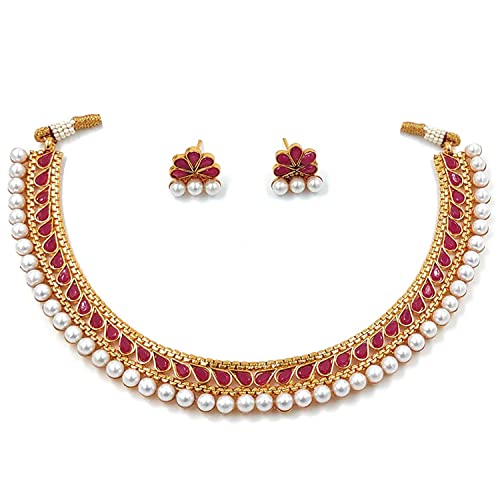 Aheli Ethnic Faux Kundan Pearl Fancy Bridal Choker Necklace Indian Traditional Bollywood Jewelry Set with Earrings Gift for Women - color: Red & White