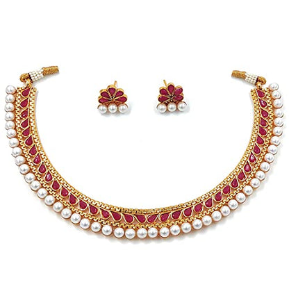 Aheli Ethnic Faux Kundan Pearl Fancy Bridal Choker Necklace Indian Traditional Bollywood Jewelry Set with Earrings Gift for Women - color: Red & White