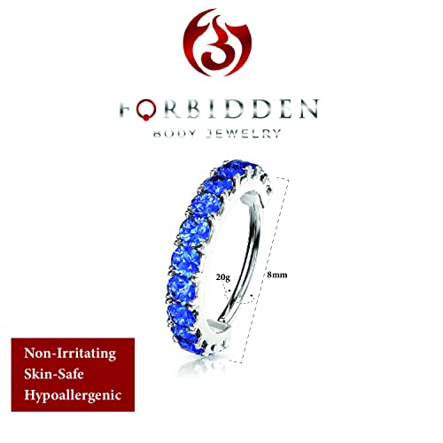 Forbidden Body Jewelry 16-20g 8mm CZ Lined Plated Brass Bendable Nose Ring and Cartilage Hoop (Choose Gauge/Plating/Color) - style: 20g - Platinum Plated (Blue)