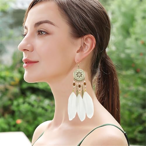 Dreuyet Boho Long Feather Drop Dangle Earrings for Women Retro Bohemian Ethnic Fringe Multicolor Tassel Feather Earring Handmade Statement Dream Catcher Earrings Jewelry - color: White Round Flower