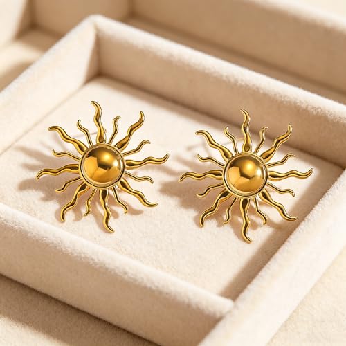 Gold Statement Earrings For Women, 14K Gold Plated Textured Geometric Drop Earrings - Hypoallergenic Stainless Steel Statement Earrings for Women, Waterproof Fan-Shaped Dangle Earrings for Beach & Daily Wear - color: Sunburst DKE252088GL