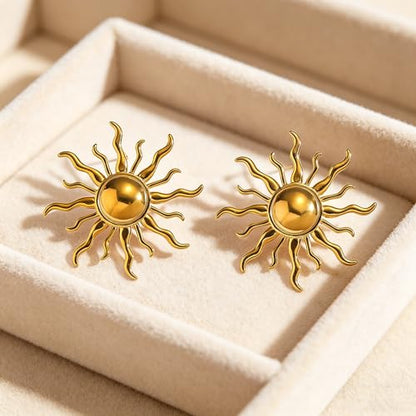 Gold Statement Earrings For Women, 14K Gold Plated Textured Geometric Drop Earrings - Hypoallergenic Stainless Steel Statement Earrings for Women, Waterproof Fan-Shaped Dangle Earrings for Beach & Daily Wear - color: Sunburst DKE252088GL