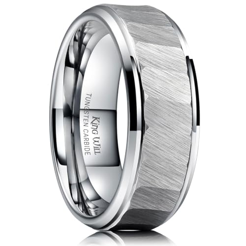King Will Classic Tungsten Carbide Ring Brushed Two Grooved Center Hammered Design Mens Wedding Band for Men | Black/Silver/Gold, 8mm, Men's Wedding Band, Grooved, Comfort Fit, Everyday Wear - color: D-Siver Hammerd Design