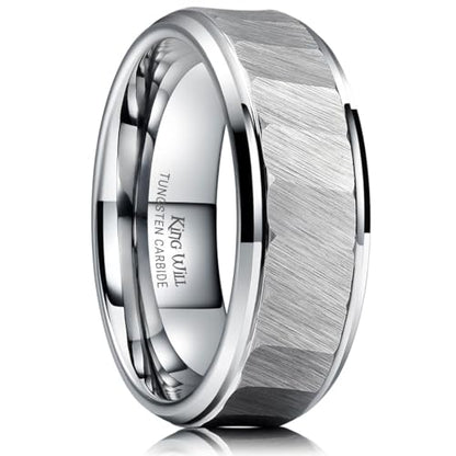 King Will Classic Tungsten Carbide Ring Brushed Two Grooved Center Hammered Design Mens Wedding Band for Men | Black/Silver/Gold, 8mm, Men's Wedding Band, Grooved, Comfort Fit, Everyday Wear - color: D-Siver Hammerd Design