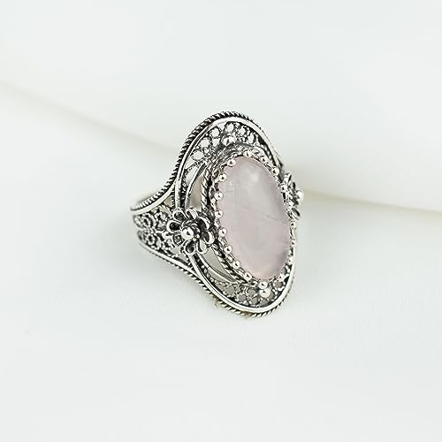 Filigranist 925 Sterling Silver Handcrafted Filigree Art Flower Pattern Woman Oval Statement Ring, Gift Boxed - color: Rose Quartz