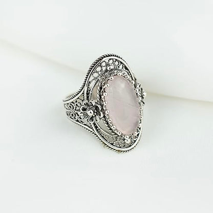 Filigranist 925 Sterling Silver Handcrafted Filigree Art Flower Pattern Woman Oval Statement Ring, Gift Boxed - color: Rose Quartz