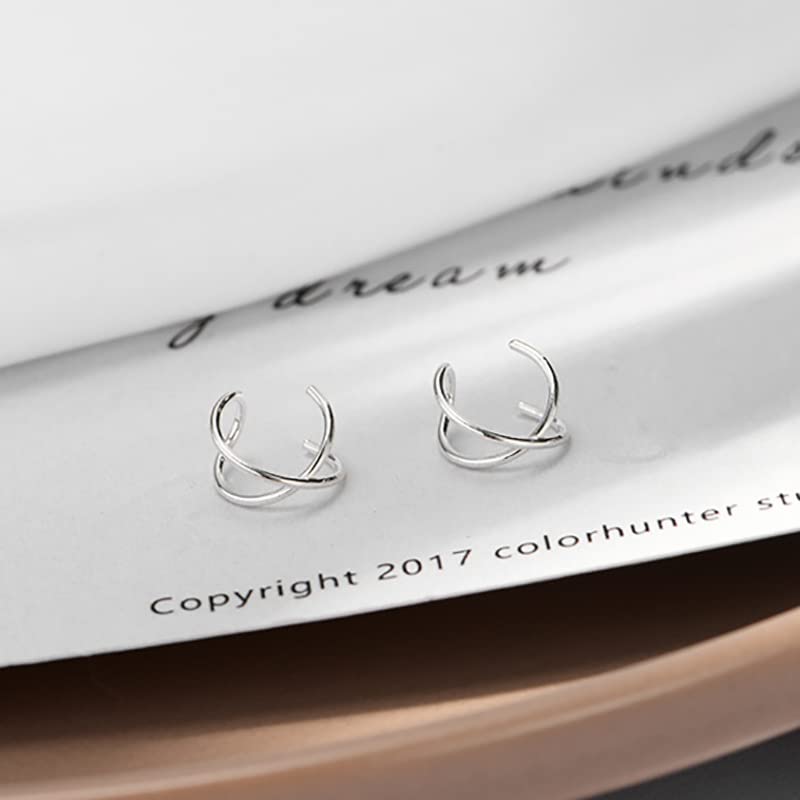 4PCS Helix Ear Cuff Cartilage Earring No Piercing Earcuff, 925 Sterling Silver,14K Gold Simple Criss Cross Double Lines Adjustable Ear Cuffs Minimalist Women Girls Men Clip On adornment Set - color: silver