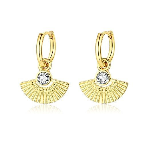 Gold Small Hoop Earrings for Wome | 14K Gold Plated Dainty Small Huggie Earrings S925 Sterling Silver Post Lightweight Drop/Dangle Huggie Earrings - color: Fan Shape