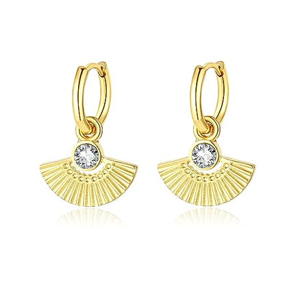 Gold Small Hoop Earrings for Wome | 14K Gold Plated Dainty Small Huggie Earrings S925 Sterling Silver Post Lightweight Drop/Dangle Huggie Earrings - color: Fan Shape