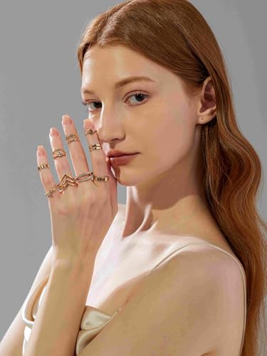 12 Pcs Gold Stackable Rings for Women,Dainty 14k Plated Gold Knuckle Ring Set with Cubic Zirconia Hypoallergenic No-Tarnish Gold Joint Rings Jewelry Gift for Women
