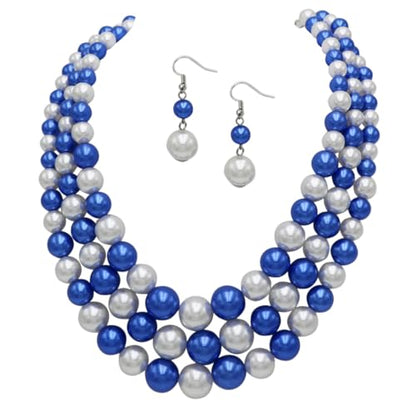 Rosemarie & Jubalee Women's 3 Colorful Multi Strands Simulated Pearl Necklace And Earrings Jewelry Gift Set, 18"+3" Extender - color: Blue White Mix Silver Tone Double Ball Earring