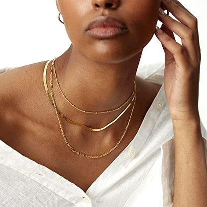 Freekiss Layered Necklace Set for Women Stackable | Herringbone Snake Cuban Rope Chain, Dainty Choker, Layered Stackable, Non Tarnish, Hypoallergenic, Adjustable 14-18.5" - color: Gold, style: Beads+Snake+Figaro