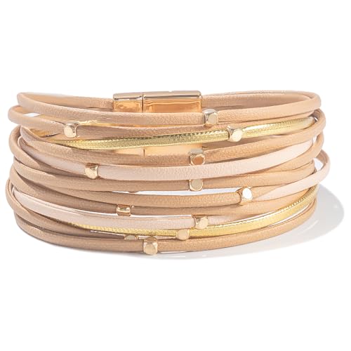 Stackable Beaded Leather Wrap Bracelet Boho Western Country Beach Jewelry | Layered Bead Stack Multi Strand Magnetic Clasp Cuff Bangle Bohemian Hippie Cowgirl Fashion Summer Vacation Outfits for Women - color: Nude