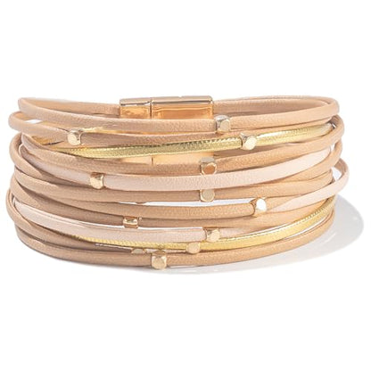 Stackable Beaded Leather Wrap Bracelet Boho Western Country Beach Jewelry | Layered Bead Stack Multi Strand Magnetic Clasp Cuff Bangle Bohemian Hippie Cowgirl Fashion Summer Vacation Outfits for Women - color: Nude