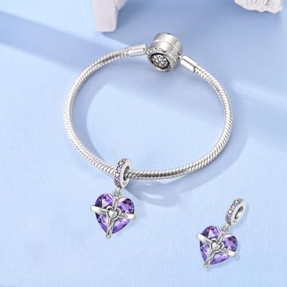 LNQOBU Birthstone Charm for Bracelets,925 Sterling Silve Heart Dangle Charms for Pandora Bracelets - color: B-February