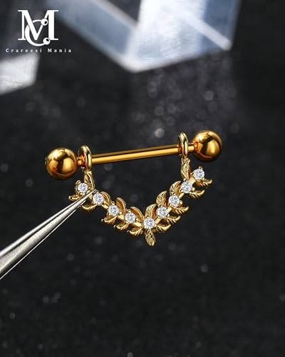 Nipple Shield Ring 316L Stainless Steel Nipple Piercing Jewelry 14G Flower Nipple Barbell for Women and Men - color: Gold