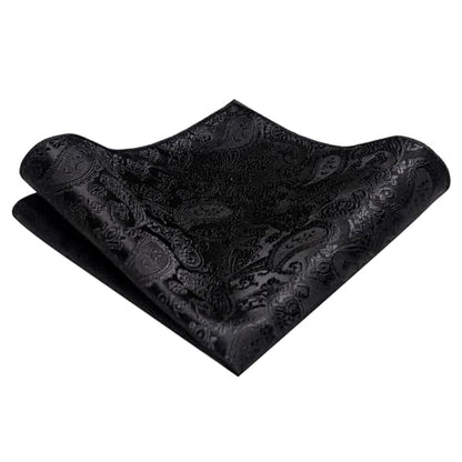 JEMYGINS Mens Solid Color Paisley Necktie and Pocket Square with Tie Clip Sets - color: Black