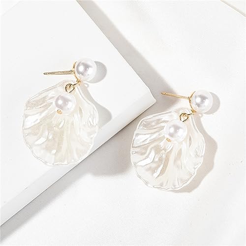 Seashell Pearl Stud Earrings for Women Ocean Sea Theme Sweet Double Layer Acrylic Shell Lightweight Dangle Drop Earrings for Summer Beach Holiday Halloween Party Jewelry Accessories - color: Two pearl white earrings