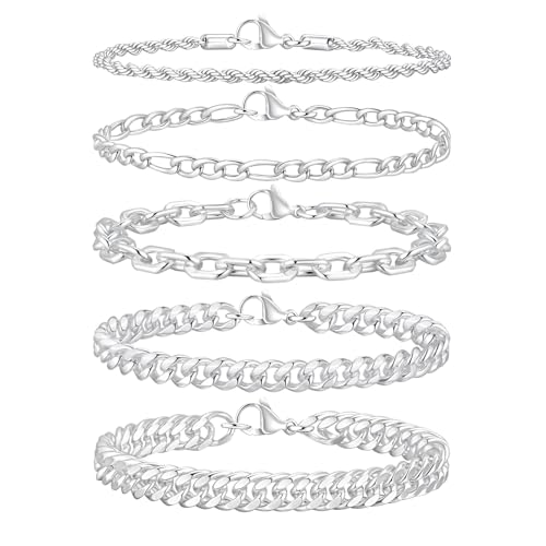 VNOX 5/7 Pcs Chain Bracelet for Men Women - Sturdy Stainless Steel Curb Width Cuban Link Chain Bracelet Set for Men Women,6.5/7/7.4/8.2/9 Inches - style: Silvering Link 1