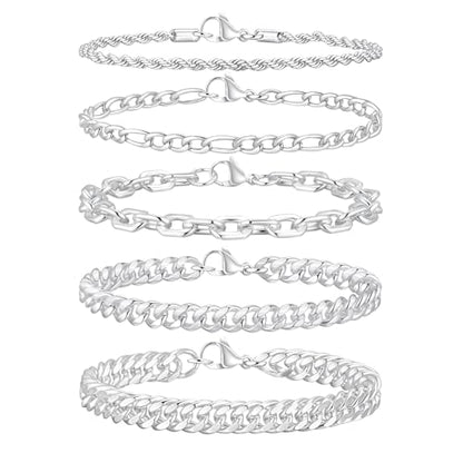 VNOX 5/7 Pcs Chain Bracelet for Men Women - Sturdy Stainless Steel Curb Width Cuban Link Chain Bracelet Set for Men Women,6.5/7/7.4/8.2/9 Inches - style: Silvering Link 1
