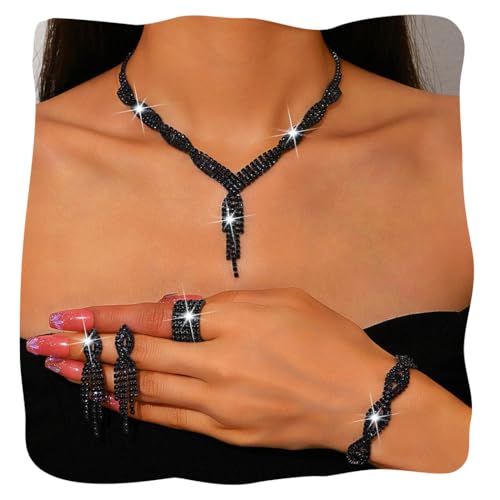 Sixexey Rhinestone Jewelry Set Wedding Jewelry Prom Costume Necklace Jewelry for Women - color: Black