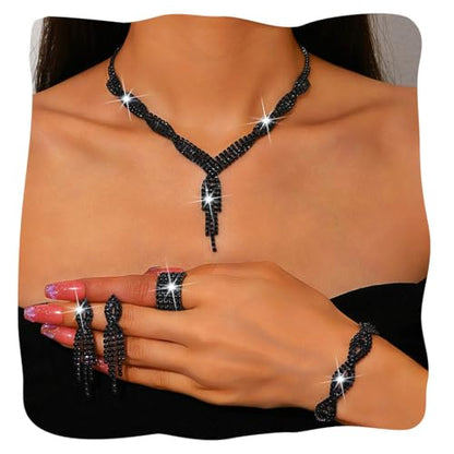 Sixexey Rhinestone Jewelry Set Wedding Jewelry Prom Costume Necklace Jewelry for Women - color: Black