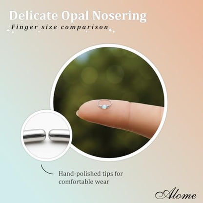 925 Sterling Silver & 14K Gold Filled Nose Ring Hoop Handmade Piercing Jewelry For Women - 24 Gauge 2mm,7mm Tiny Nose Ring with Opal - Gift Ready - color: White Opal Silver