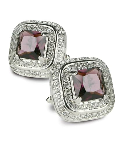 Square Colored Crystal Double Diamond Set Cufflinks - color: Purple/Silver