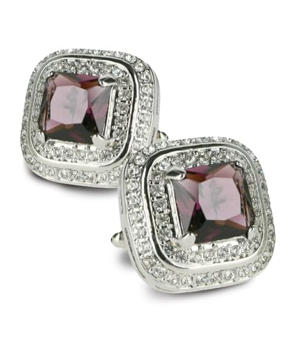 Square Colored Crystal Double Diamond Set Cufflinks - color: Purple/Silver
