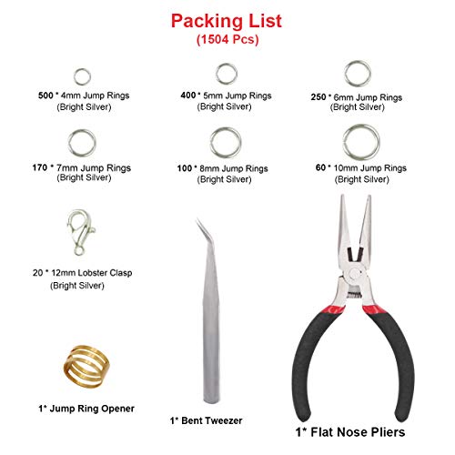 EuTengHao 1504pcs Jewelry Repair Tools Kit with Jewelry Pliers, Jump Rings Opener, Tweezers, Lobster Clasps, Bright Silver - color: Bright Silver