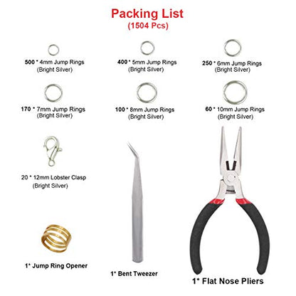 EuTengHao 1504pcs Jewelry Repair Tools Kit with Jewelry Pliers, Jump Rings Opener, Tweezers, Lobster Clasps, Bright Silver - color: Bright Silver