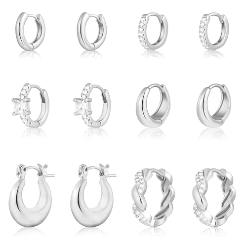 Wgoud Small Gold Hoop Earrings Set for Women, 6 Pairs 14K Gold Plated Hypoallergenic Lightweight Huggie Hoops Earrings, Trendy Cartilage Cubic Zirconia Earrings for Women Gifts. - color: G-Silver hoops
