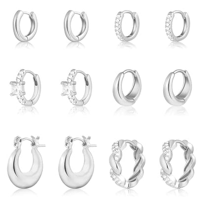 Wgoud Small Gold Hoop Earrings Set for Women, 6 Pairs 14K Gold Plated Hypoallergenic Lightweight Huggie Hoops Earrings, Trendy Cartilage Cubic Zirconia Earrings for Women Gifts. - color: G-Silver hoops