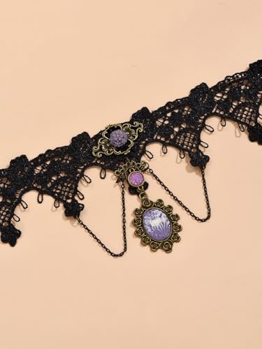 Lace Choker Necklace for Women Tassel Pendant Choker Necklaces Elegant Boho Collar Necklaces Statement Artistic Chain Necklace with Pearl Halloween Party Cosplay Costume Jewelry - color: Black Lace Flower