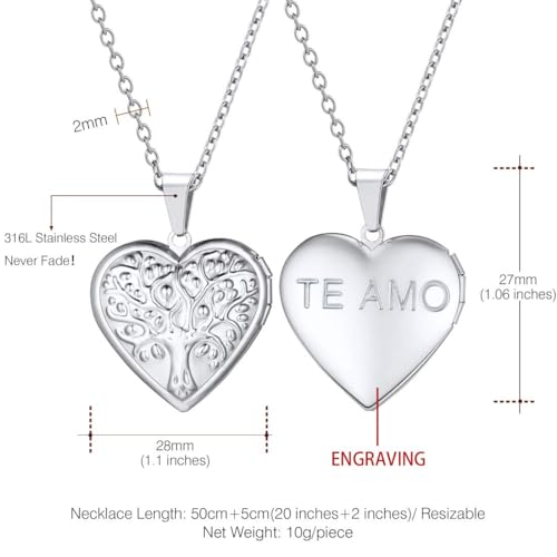 U7 Women Locket Necklace, Heart Photo Lockets Hold Picture, Gift Box Packed | Gold/Silver/Rose Locket Charm, Custom Picture and Engravement Heart Pendant, 20" Chain, Personalized Gift for Mom Wife Friend - color: 04# Stainless(Tree of Life)