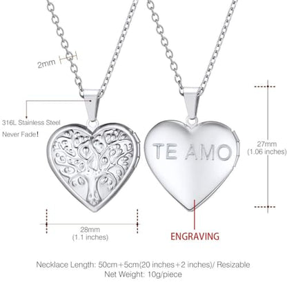 U7 Women Locket Necklace, Heart Photo Lockets Hold Picture, Gift Box Packed | Gold/Silver/Rose Locket Charm, Custom Picture and Engravement Heart Pendant, 20" Chain, Personalized Gift for Mom Wife Friend - color: 04# Stainless(Tree of Life)