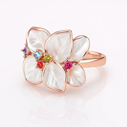 18K Rose Gold Plated Flower Ring, Iridescent Mother of Pearl & Rainbow CZ Petals, Elegant Floral Cocktail Statement Ring R79