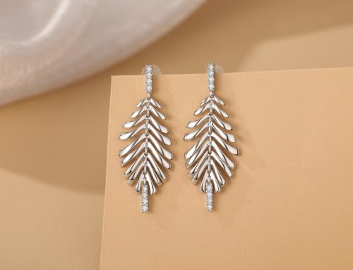 Sylph 14K 18K Gold Plated Chandelier Earrings for Women, Long Tassel Earring Huggie, Silver Leaf Dangle Drop Earrings, Dainty Bohemian Jewelry Gifts for Wedding Everyday Wear - color: D-Lightweight Feather Earrings Silver