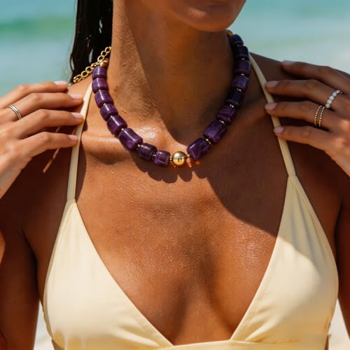 Colorful Statement Chunky Beaded Necklace for Women Large Square Resin Beads Y2K Trendy Bold Summer Vacation Boho Choker Jewelry - color: Purple