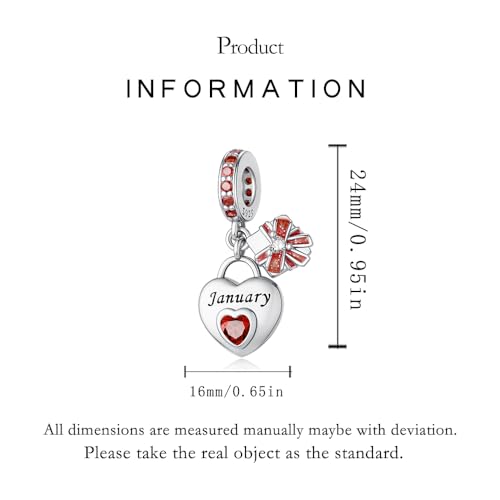 925 Sterling Silver Birthstone Bracelet Charm - Unique Heart Shaped Design, Fits most Europe Pandora Bracelets and Necklaces, women's DIY holiday Gifts - style: A-January