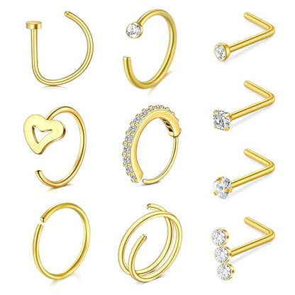 MODRSA 20g Nose Rings Hoops Nose Studs for Women Surgical Steel Hypoallergenic 20 Gauge Nostril Piercing Jewelry L Shape Crokscrew Silver Rose Gold Black Hoop Nostril Rings for Men - color: 12 - L Shape 20g - Gold