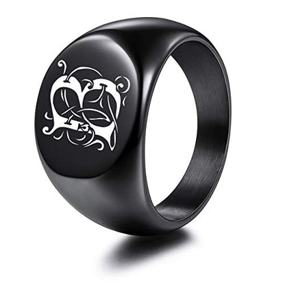 MeMeDIY Personalized Engraved Initial Monogram Oval Signet Ring for Men Women Customize Stainless Steel Letter Rings Valentine's Day Gift Jewelry, Bundle with Ring Size Adjusters - color: B2: Black - Initial